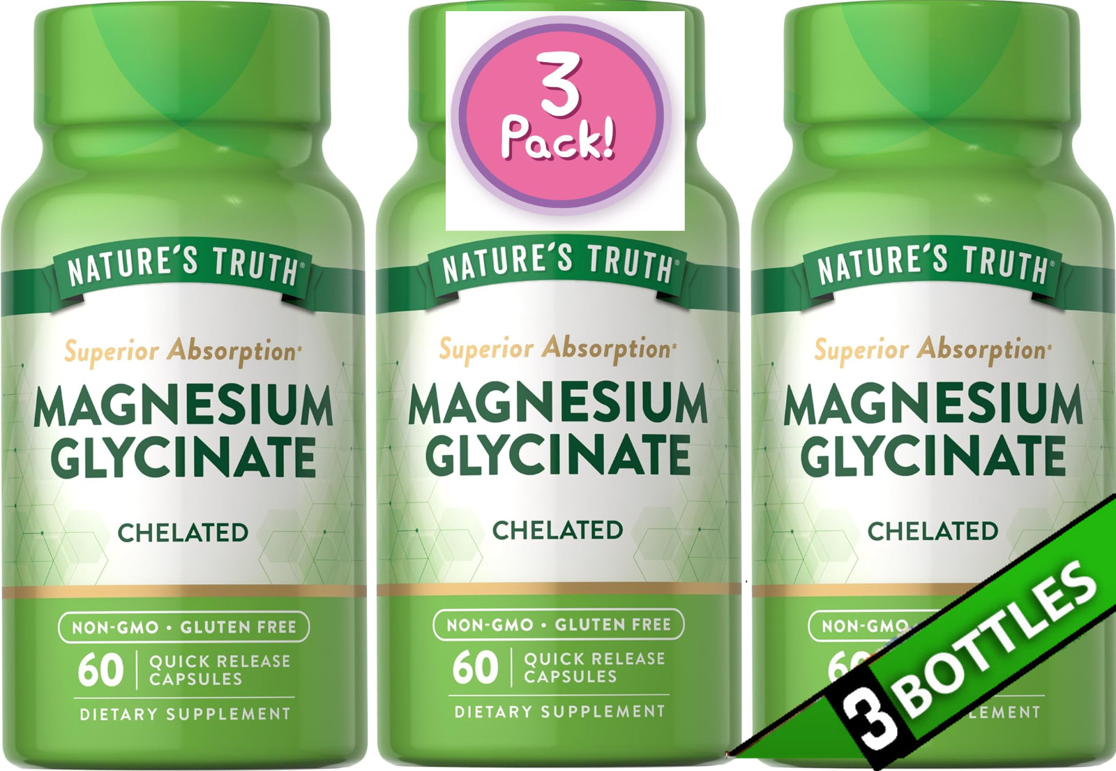 3 Pack Magnesium Glycinate 200mg 180 Caps (3×60) Sleep, Cramping, Blood Pressure