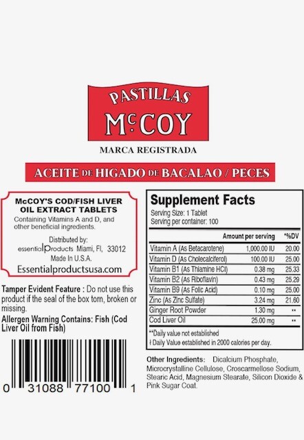 Pastillas Mccoy Cod/Fish Liver Oil Extract. 100 tablet