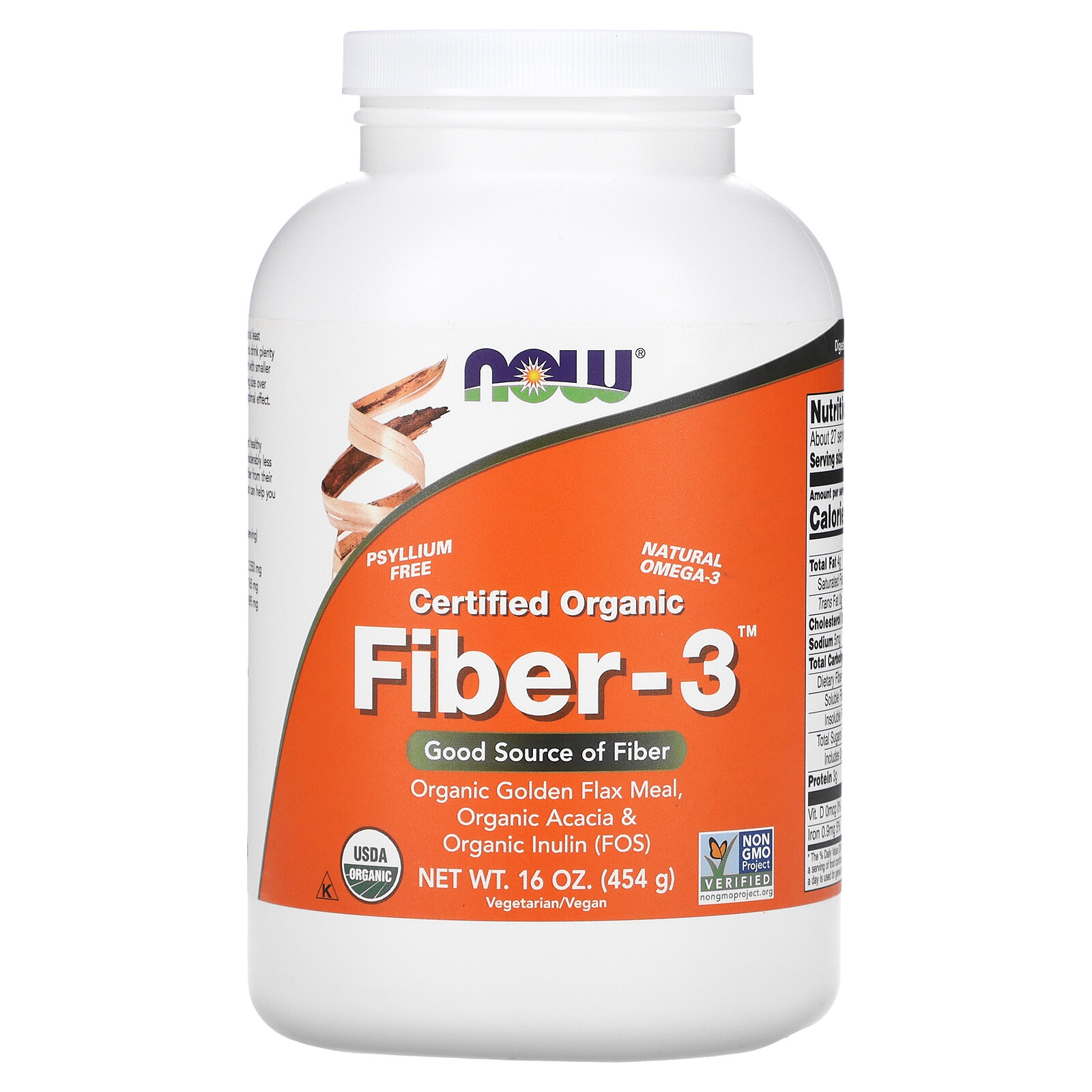 Now Foods Certified Organic Fiber-3 Powder 16 oz 454 g GMP Quality Assured,