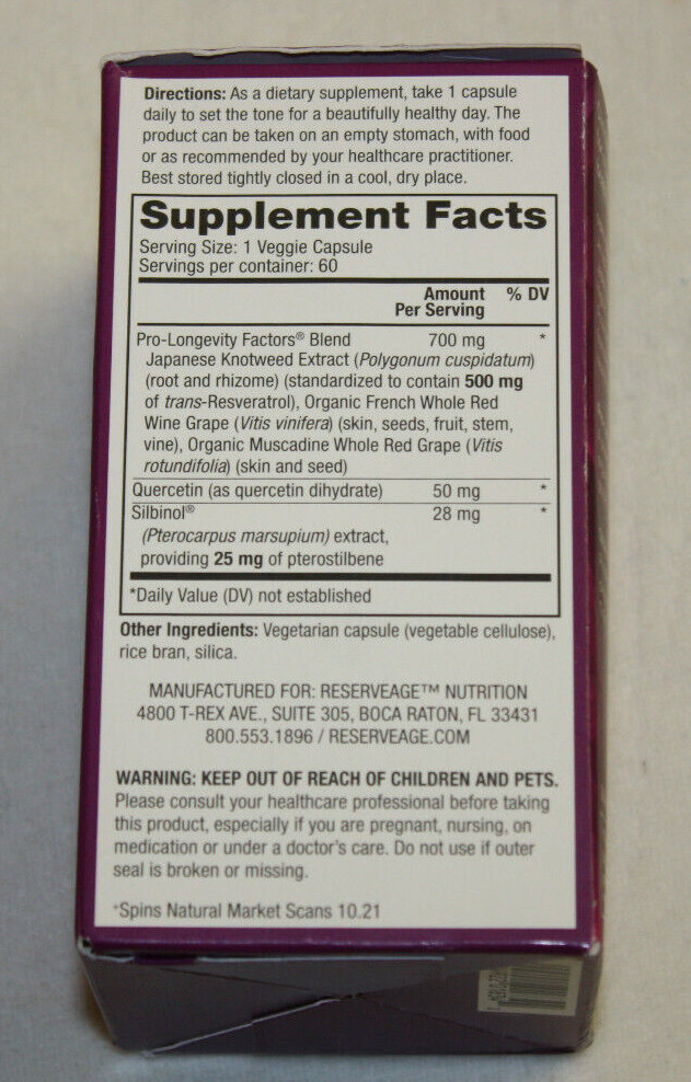 Reserveage Resveratrol 500mg Cardiovascular & Cellular Health 60 Caps NEW