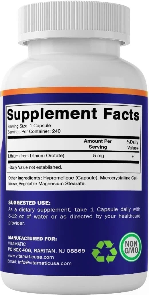 Vitamatic Lithium Orotate 5mg, 240 Veggie Capsules, Non-GMO, Gluten Free!!!