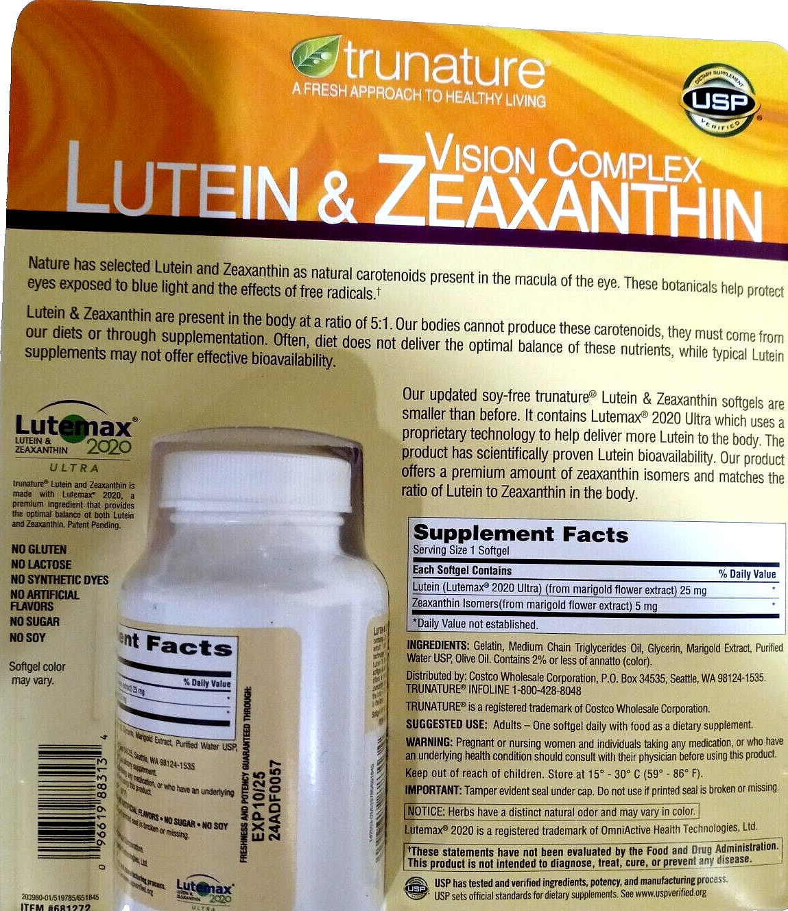 trunature Vision Complex Lutein & Zeaxanthin (25+5 mg) 140 Softgels EXP 10/2025