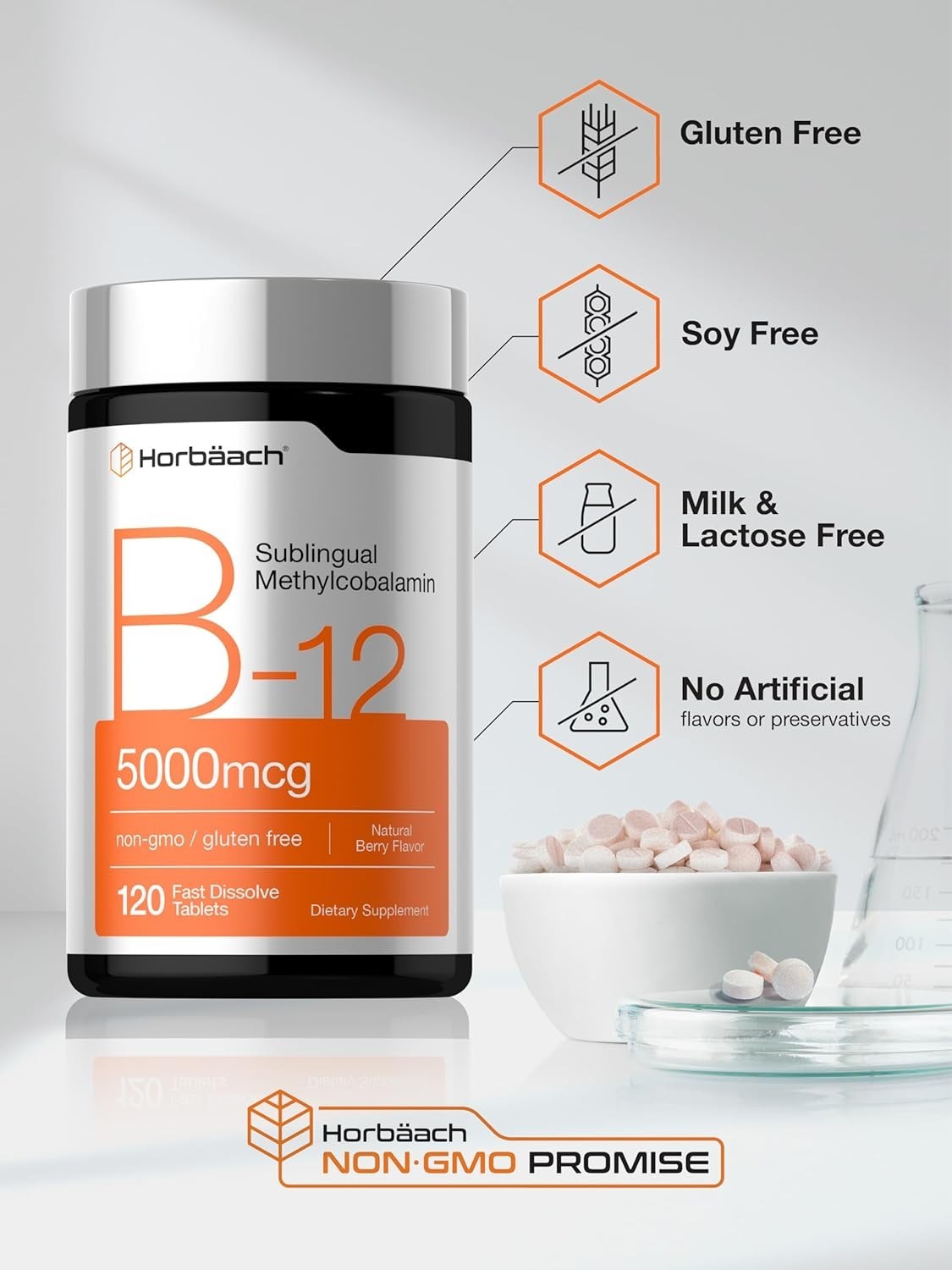 Horbaach B12 5000mcg Sublingual Methylcobalamin 120 Tablets Vegan Berry