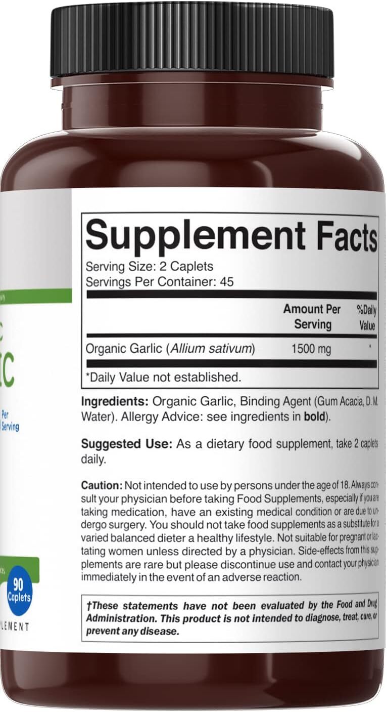 Organic Garlic 1500Mg, 45 Servings, Vegetarian, Gluten Free, 90 Vegetarian Table