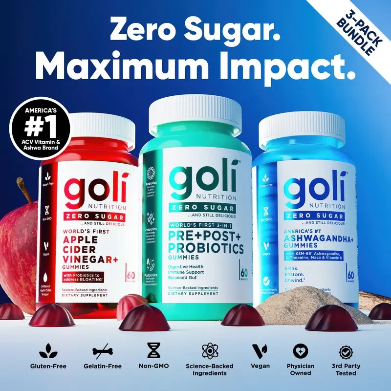 goli 3 Pack Gummy 0-sugar Pre-Post Probiotic, Apple Cider Vinegar, Ashwaganda