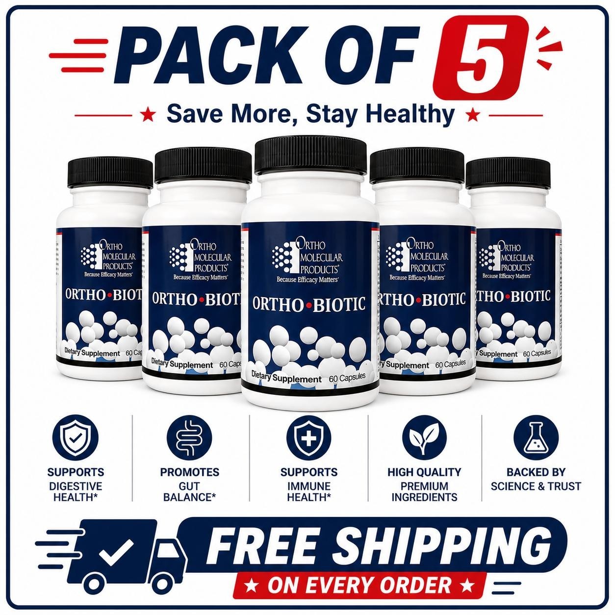 Ortho Biotic Dietary Supplement – Pack of 5 Premium Probiotic for Healthy Gut