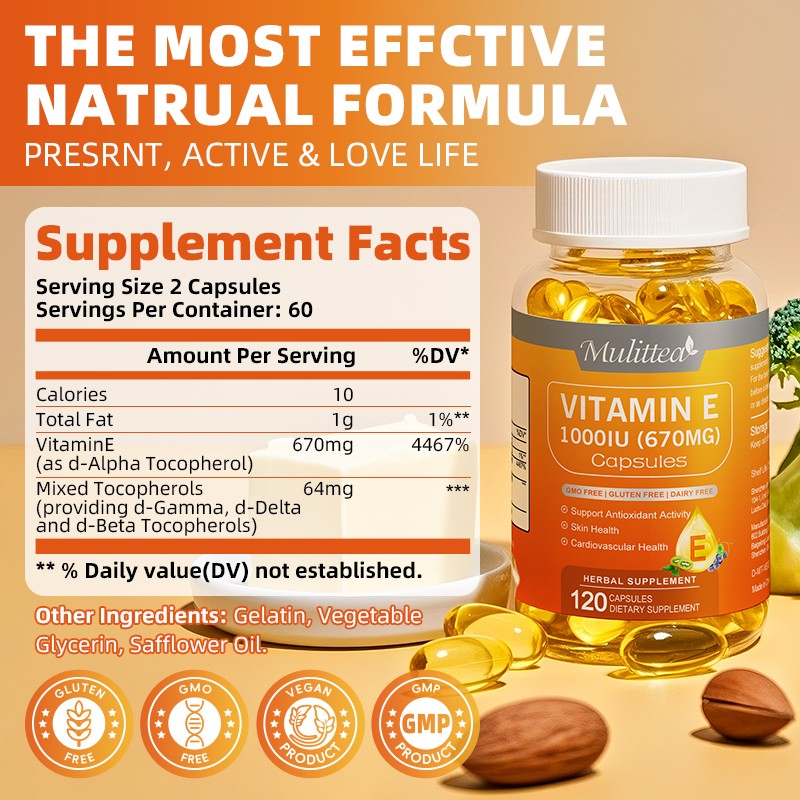 Mulittea Vitamin E 1000 IU Antioxidant Immune Skin Health Mixed Tocopherols 120