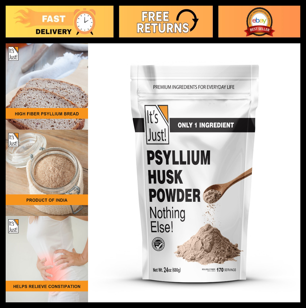 Psyllium Husk Powder – Dietary Fiber for Digestive Health, Keto Baking, 24oz