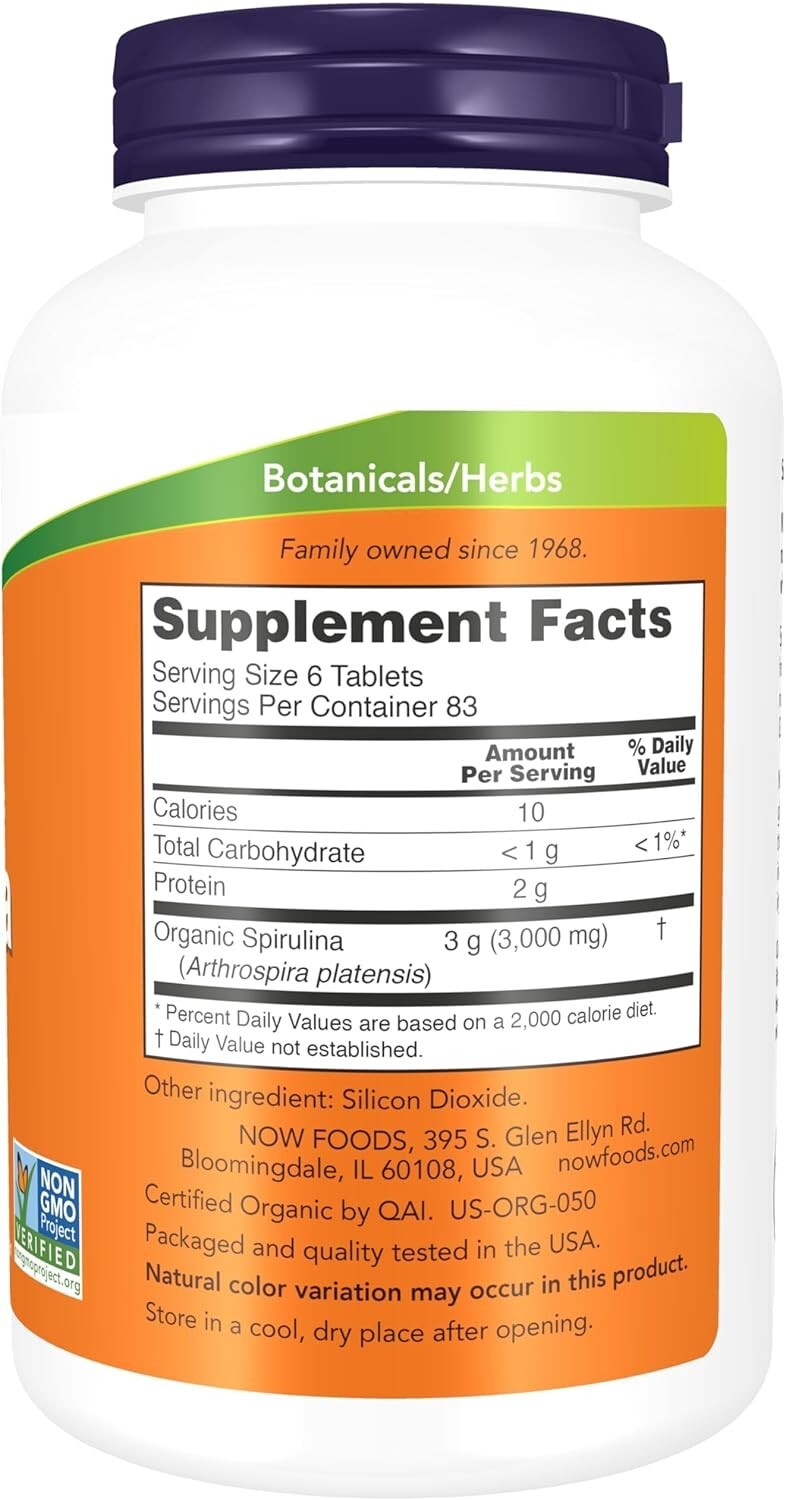 Now Foods Certified Organic Spirulina 500 mg 500 Tablets