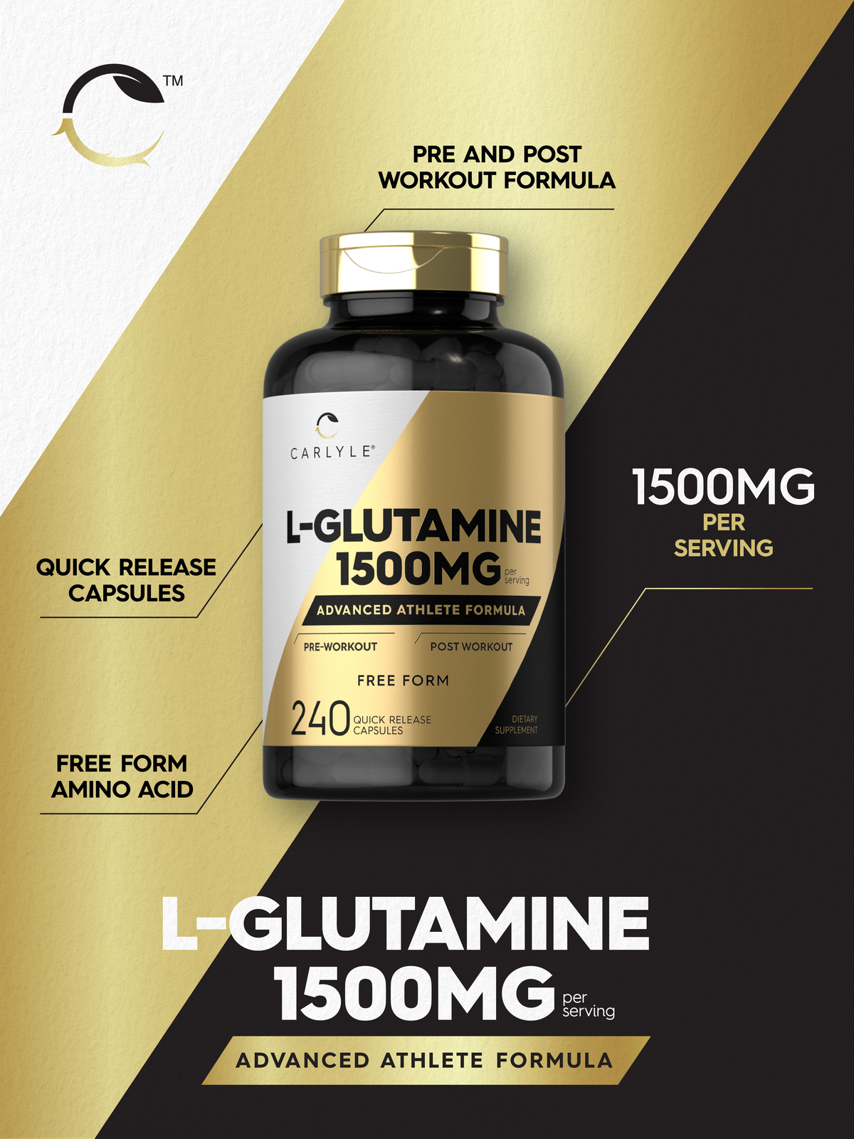 L Glutamine Capsules | 1500mg | 240 Count | Non-GMO, Gluten Free | by Carlyle