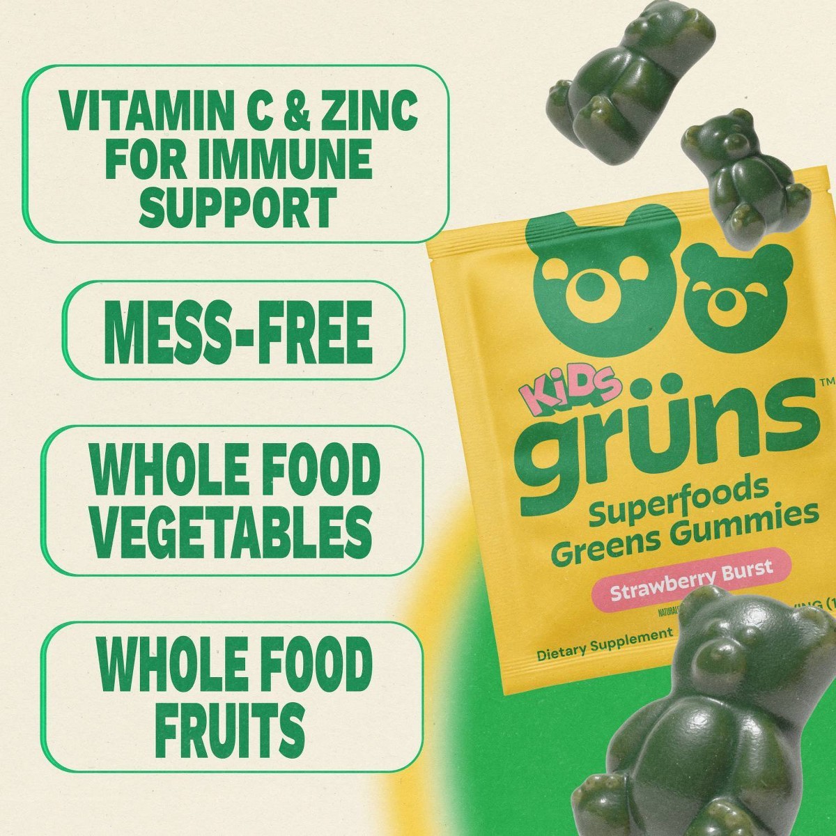 Grüns Kids Low Sugar Superfoods Greens Gummies with Prebiotic Fiber – 240g/12 ct