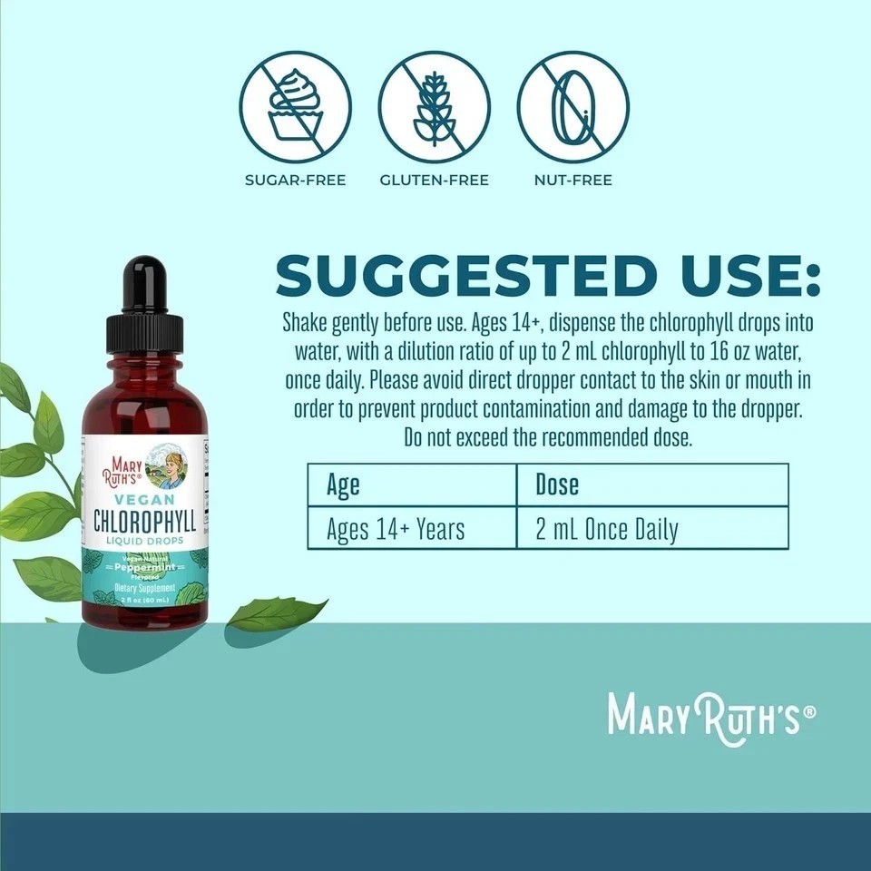 NEW Mary Ruth’s VEGAN Chlorophyll Liquid Drops Peppermint Flavored 2Fl Oz (60ml)