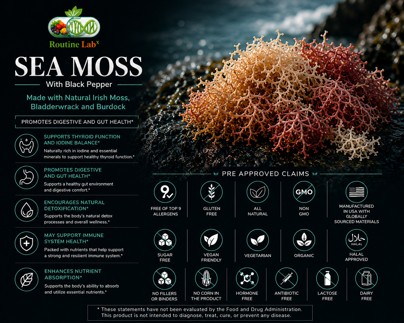 Routine LabX Organic Sea Moss w/ Black Pepper 60 Capsules (1,405mg per serving)