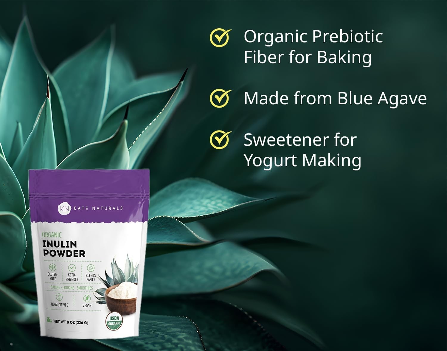 Inulin Powder Organic from Blue Agave (8oz) Soluble Prebiotic Fiber for Coffee