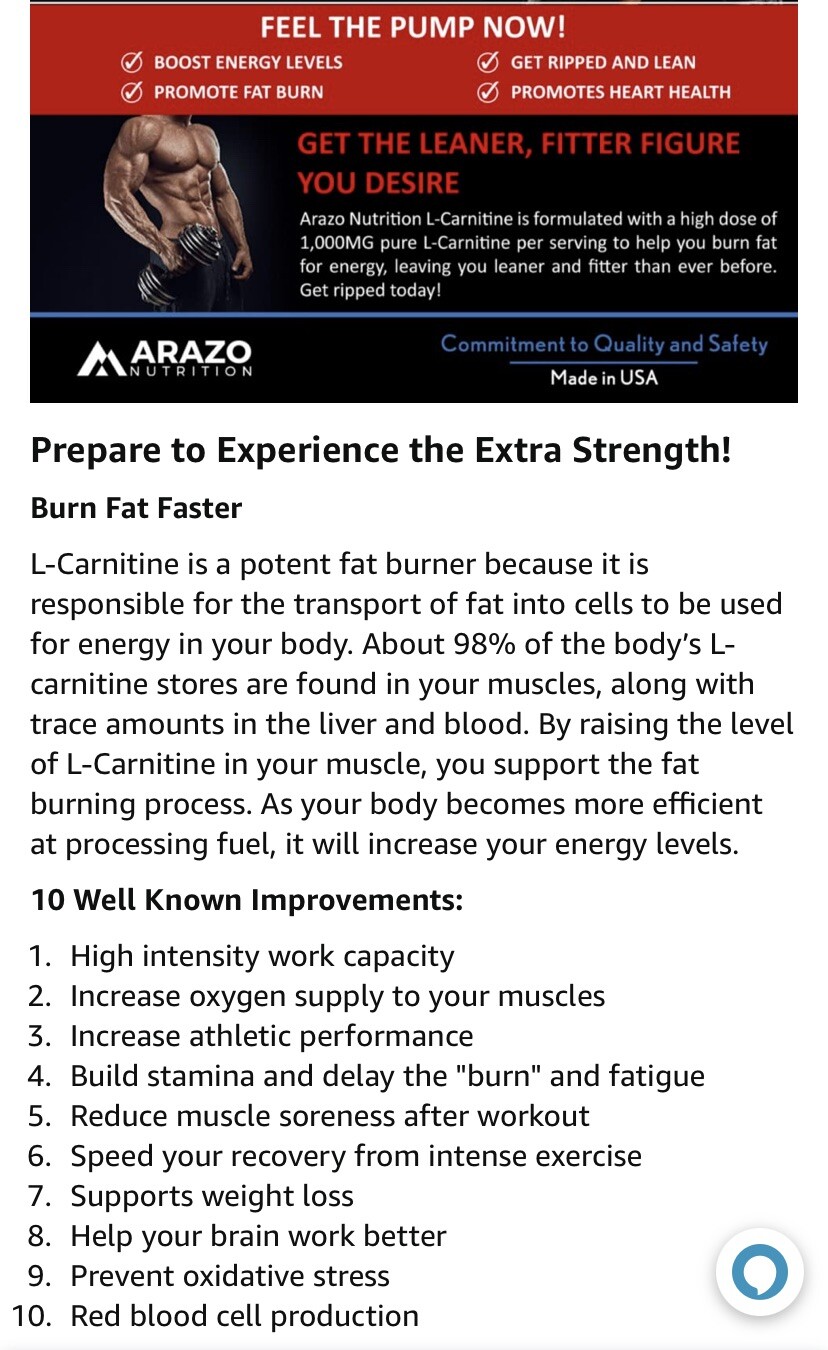 ARAZO NUTRITION L-Carnitine 1000mg Servings Maximum strength ex: 12/2024
