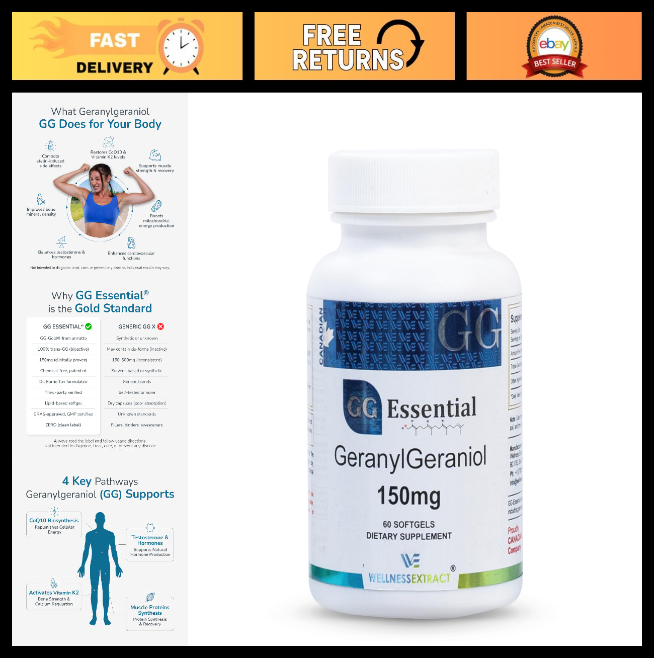 Geranylgeraniol 150mg Supplement for CoQ10 Support, Cellular Energy, Muscle Heal