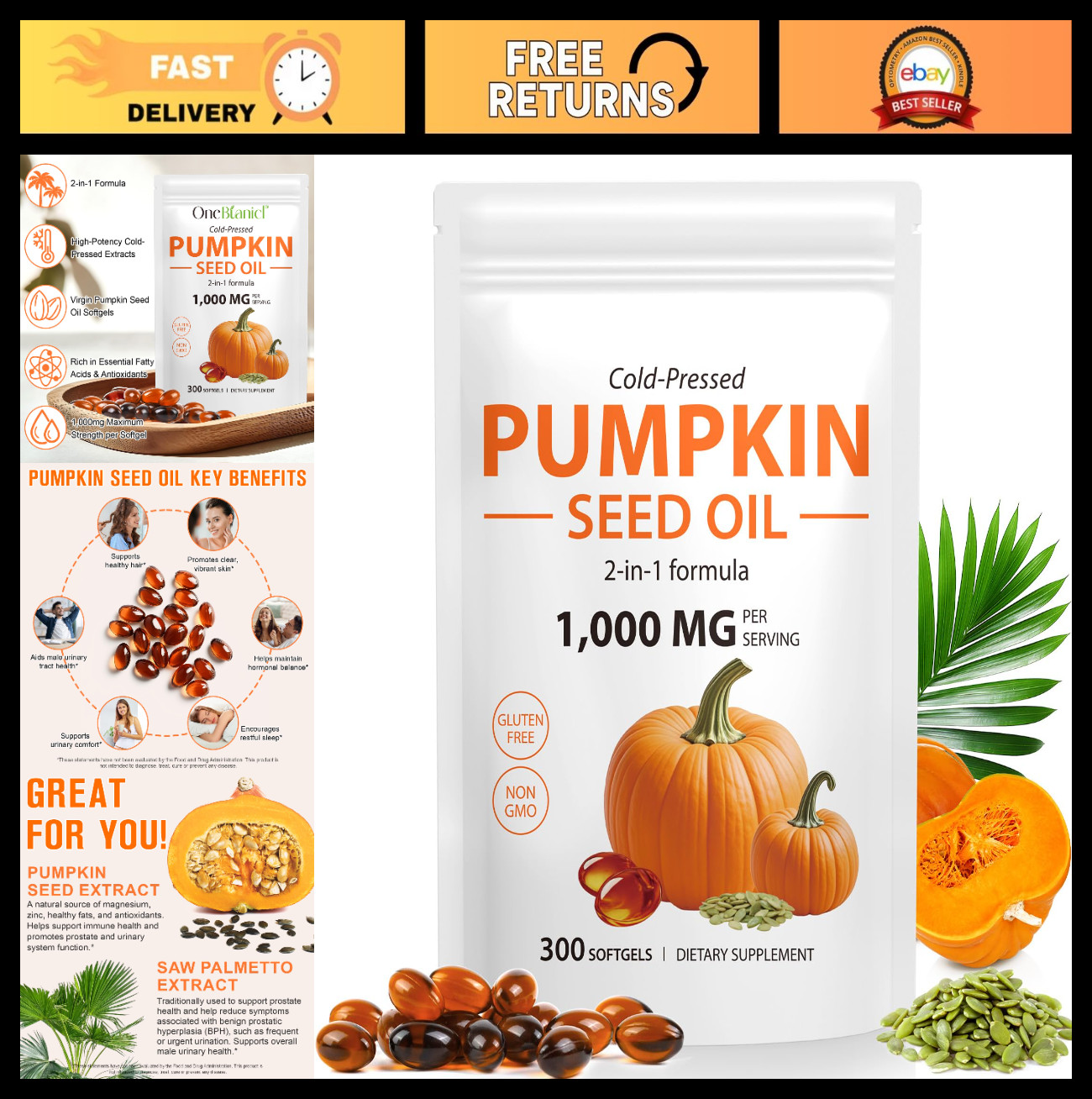 Cold Pressed Pumpkin Seed Oil & Saw Palmetto 1000mg, 300 Softgels – Hair, Prosta
