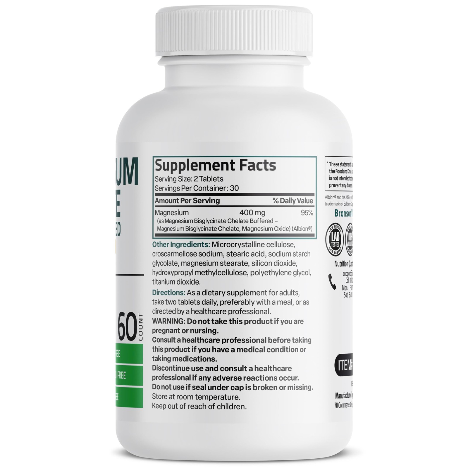Bronson Magnesium Glycinate 400mg Extra Strength, 60 Count (Pack of 1)