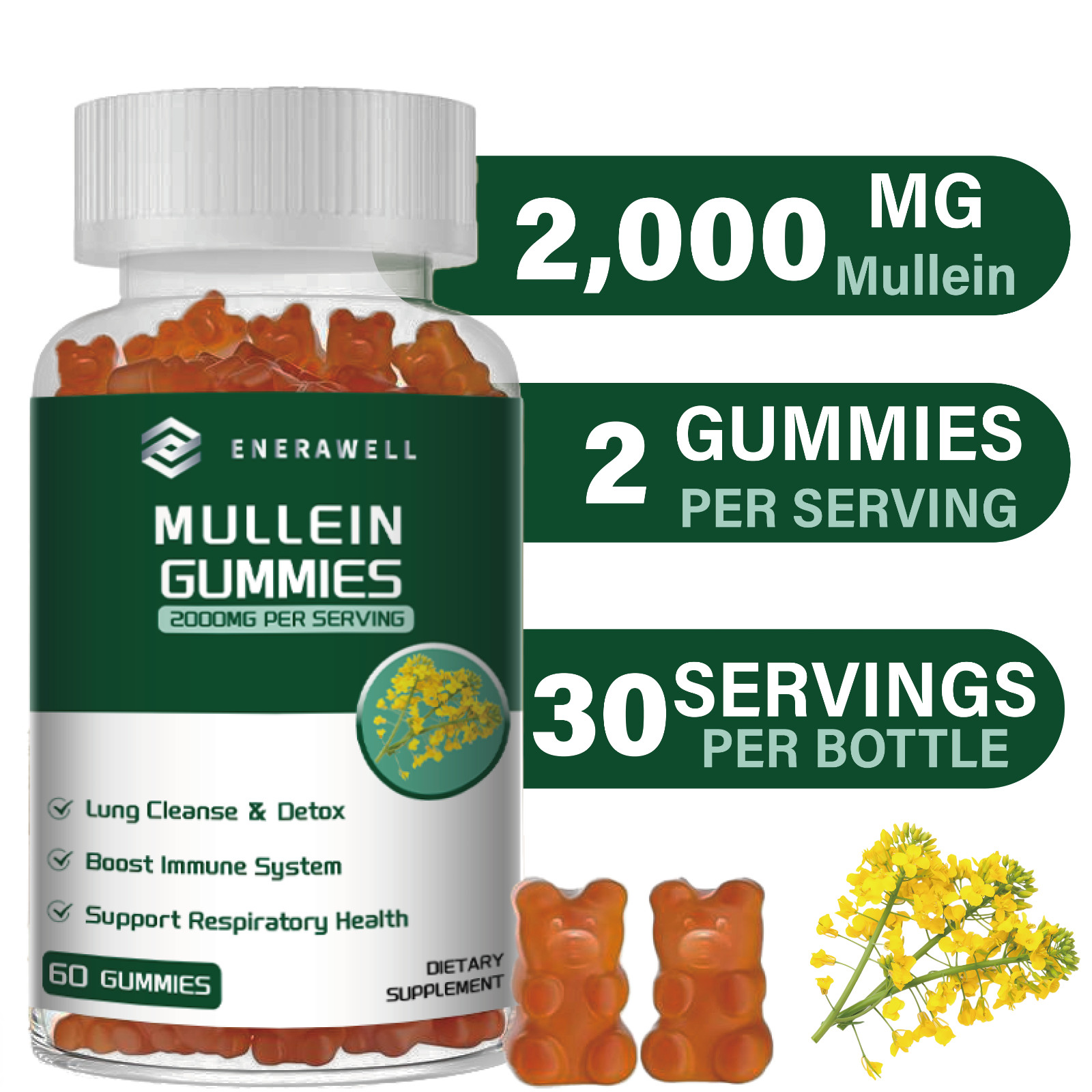 Mullein Chewable Gummies for Lung Cleanse & Detox, Respiratory Health 02/07/2027