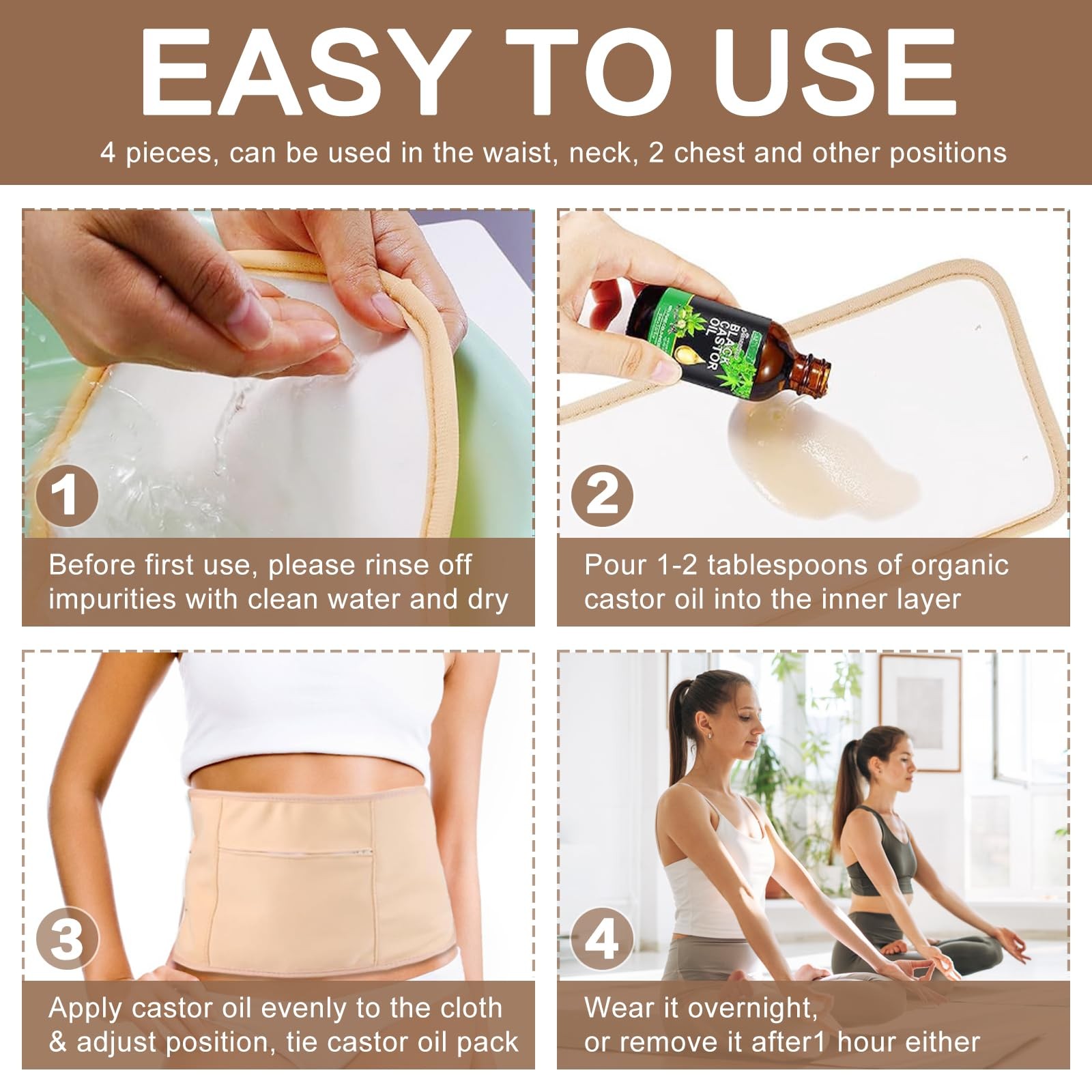 4 Pcs Castor Oil Pack Wrap Organic Cotton for Liver Detox, Stomach, Belly, Ne…