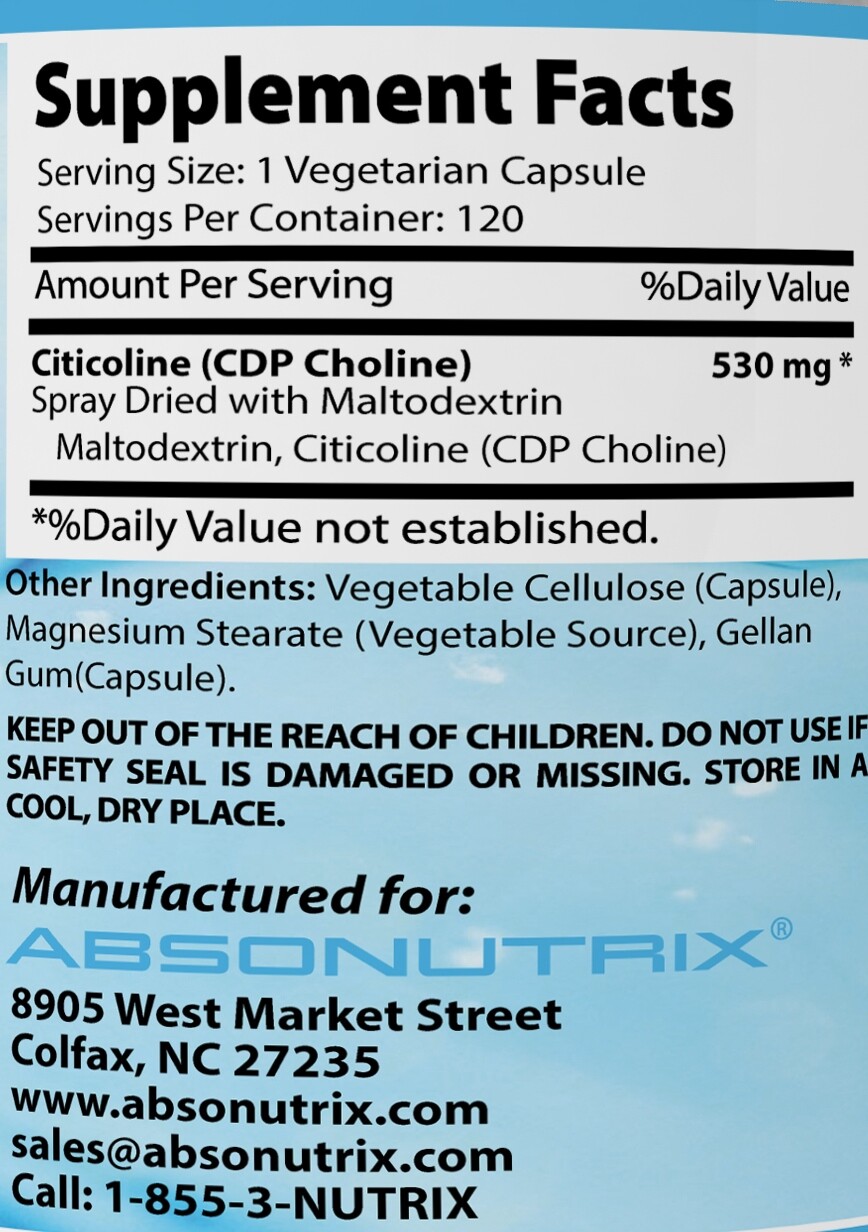 Absonutrix Citicoline CDP Choline 530mg 120 Veg cap Brain Health Cognitive Skill