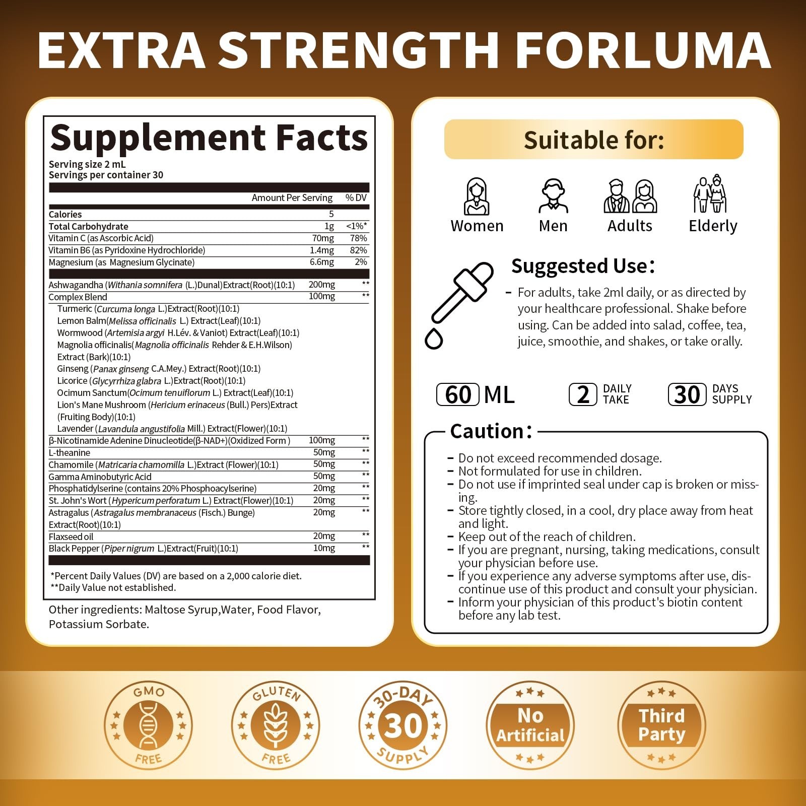 Cortisol Support Drops for Stress Relief, 200mg Ashwagandha & L-Theanine, 60ml