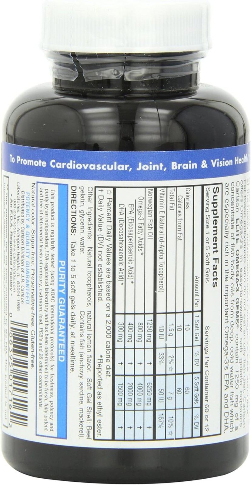 Carlson Labs Elite Omega-3 Gems Fish Oil 1250mg, 60 Softgels