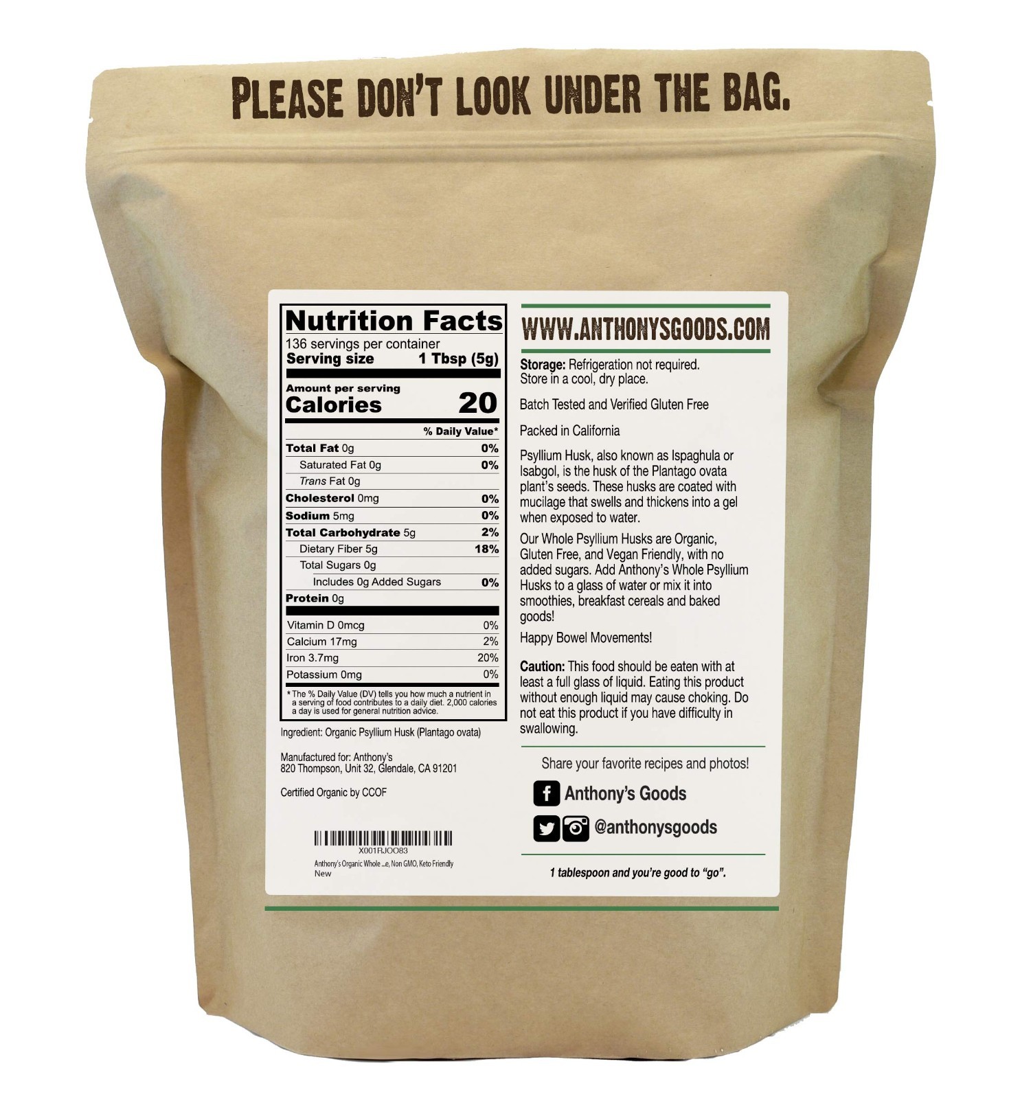 Organic Whole Psyllium Husks 1.5 lb – Dietary Fiber, Gluten-Free, Non-GMO, Keto