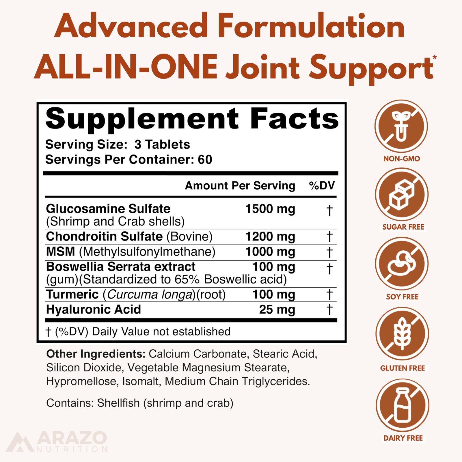 Arazo Nutrition Glucosamine Chondroitin Turmeric MSM Boswellia Joint Support