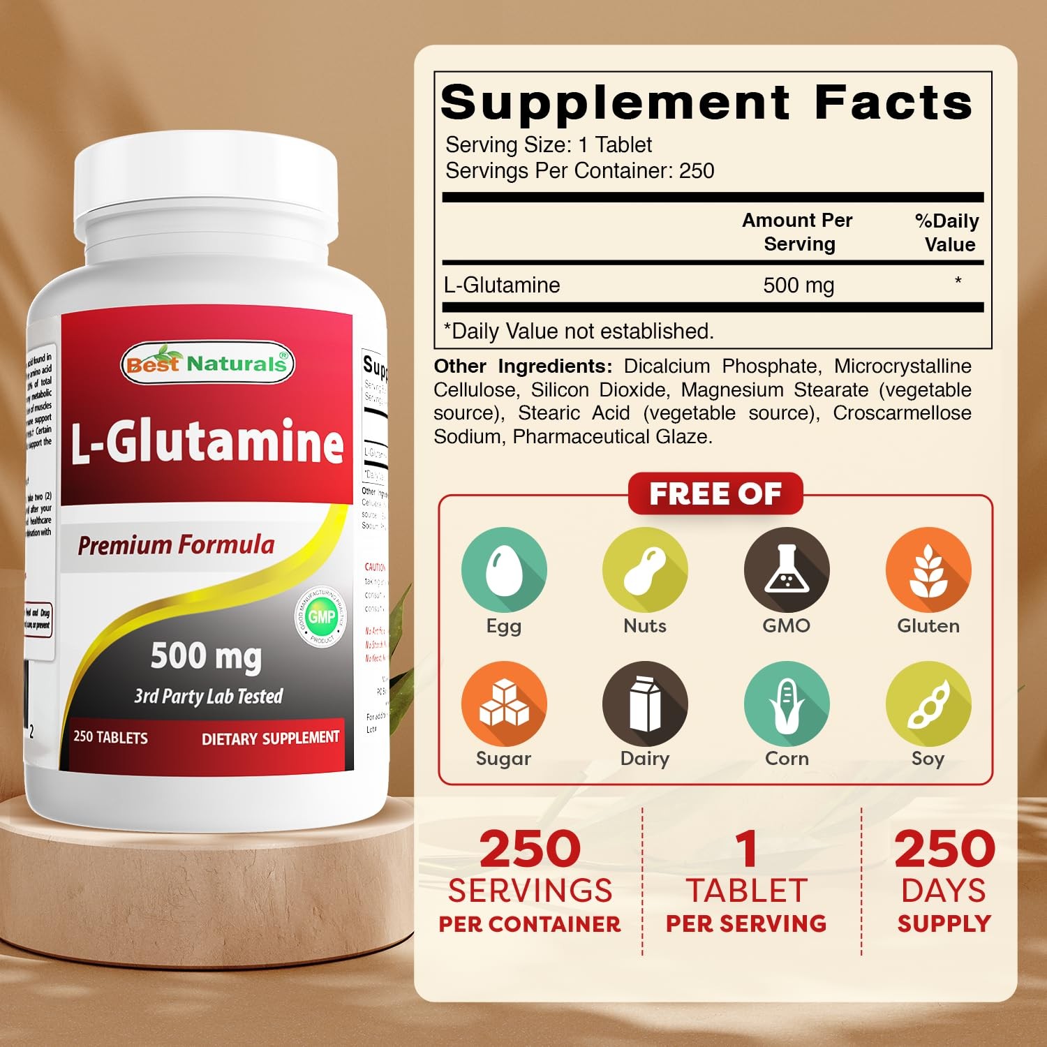 Best Naturals L-Glutamine 500 mg 250 Tablets 250 Count (Pack of 1)