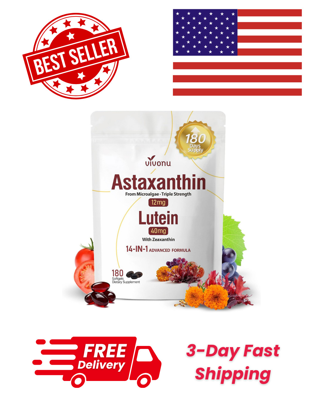 14-in-1 Astaxanthin 12mg with Lutein 40mg & Zeaxanthin Softgels, Eye Support & A