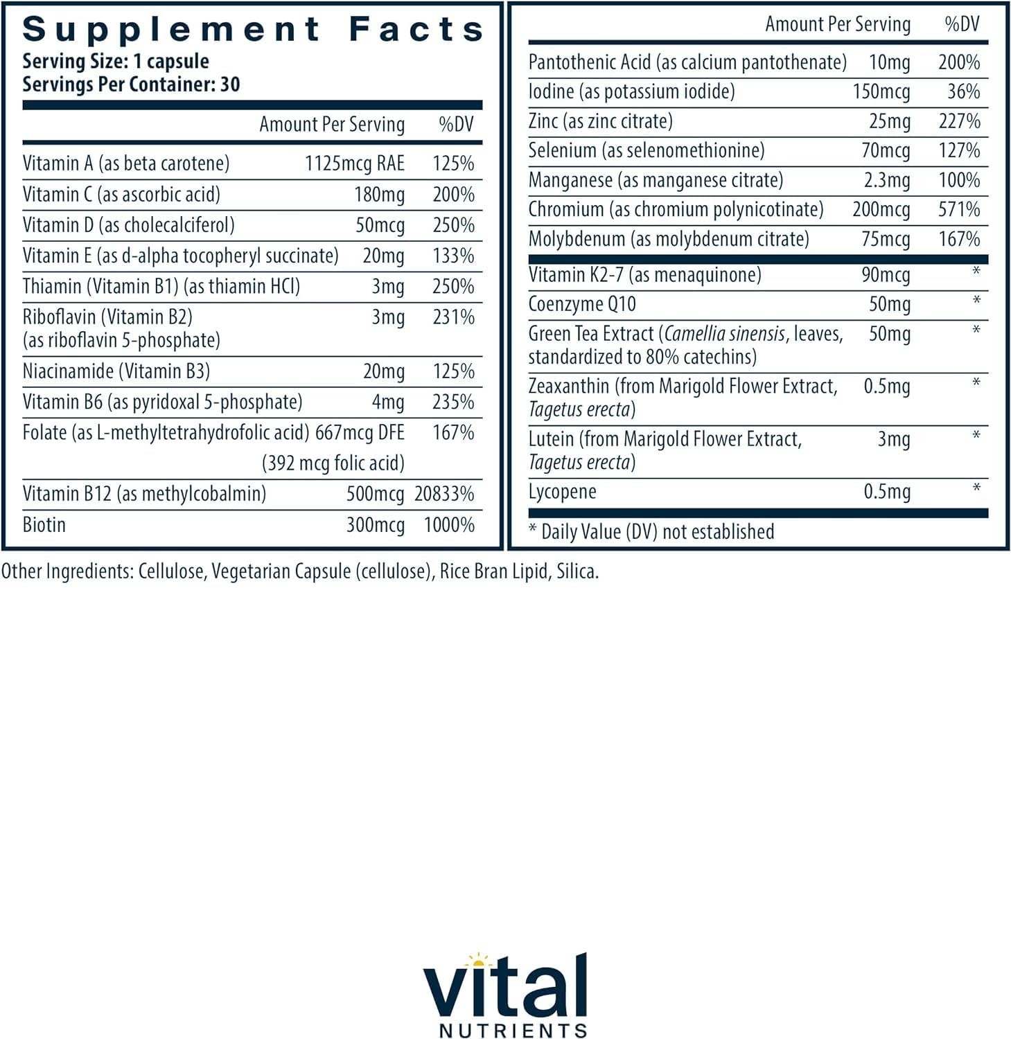 Vital Nutrients Once Daily Multivitamin Vegan Women Men 30 Capsules