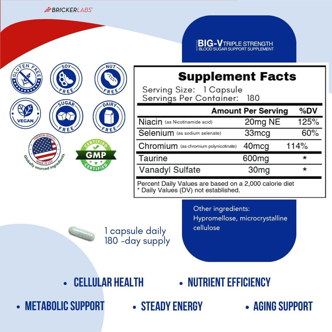 BRICKER LABS BIG-V TRIPLE STRENGTH BLOOD SUGAR SUPPLEMENT 180 CAPSULES 12/2028