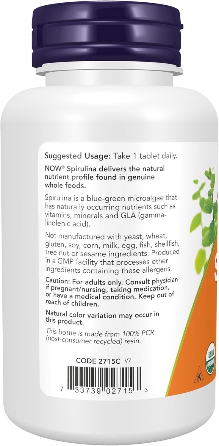 NOW Foods Supplements, Certified Organic, Spirulina 1000 mg (Double Strength), R