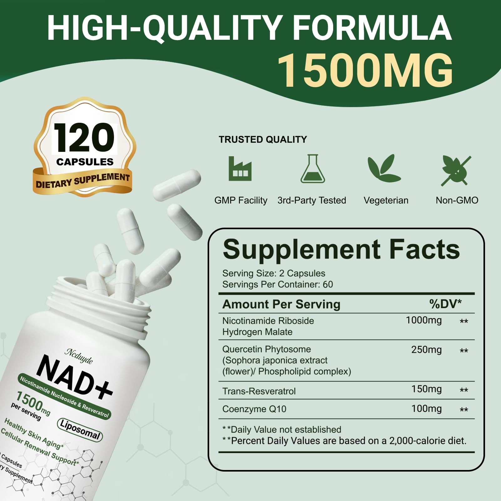 NAD+ Supplement, Liposomal NAD Nicotinamide Riboside Resveratrol 1500 mg – An…