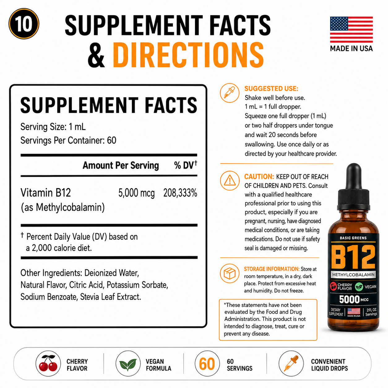 BASIC GREENS B12 Liquid Drops 5000mcg Sublingual Methylcobalamin Vegan 2oz