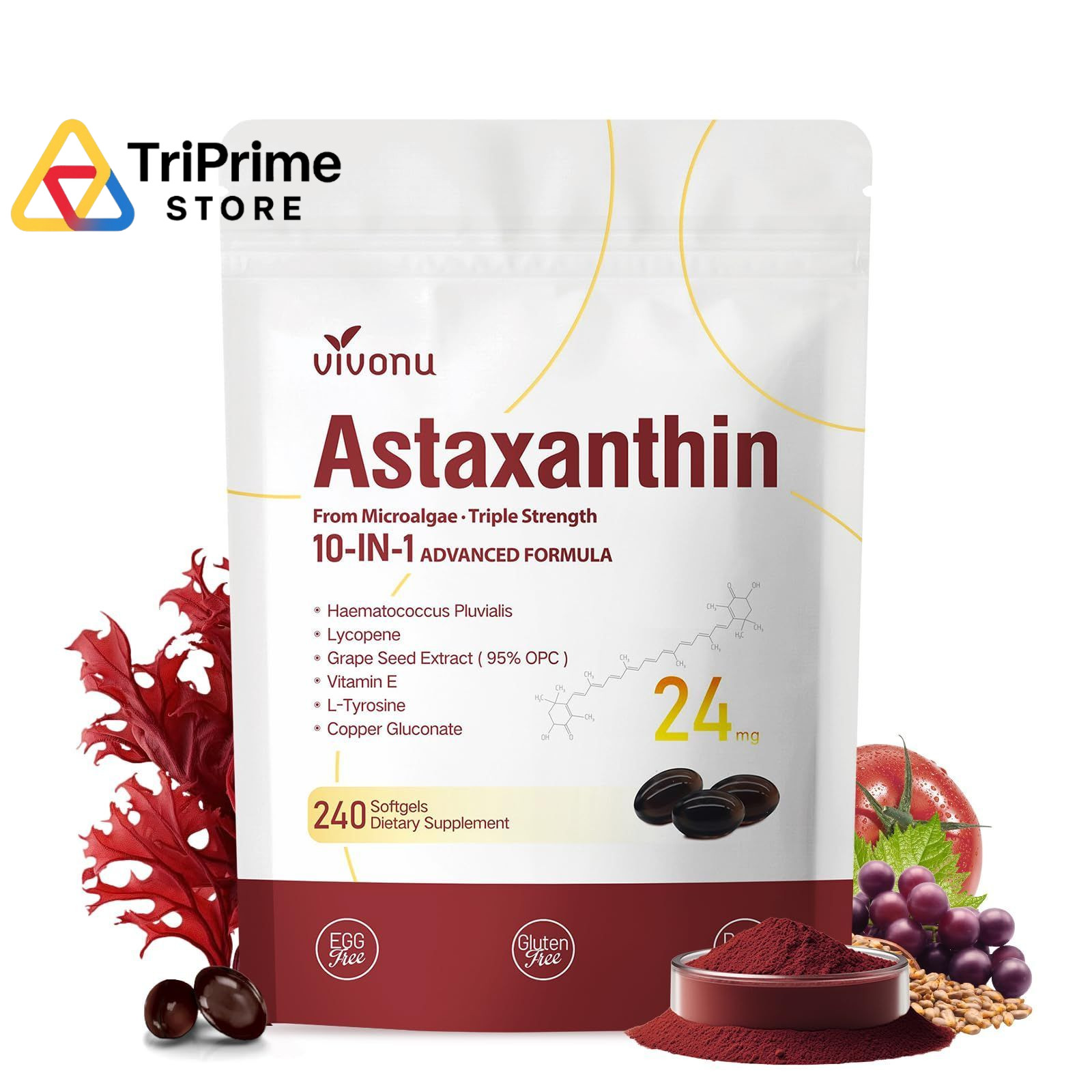 10 in 1 Astaxanthin 1 Count (Pack of 1), 24mg | 1 Bag | 240 Softgels