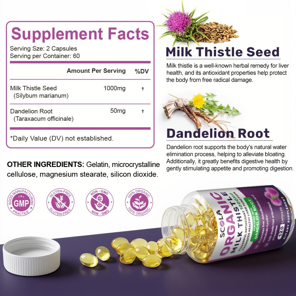 Milk Thistle Liver Cleanse Detox Herbal Liver Support Supplement 120 Capsules