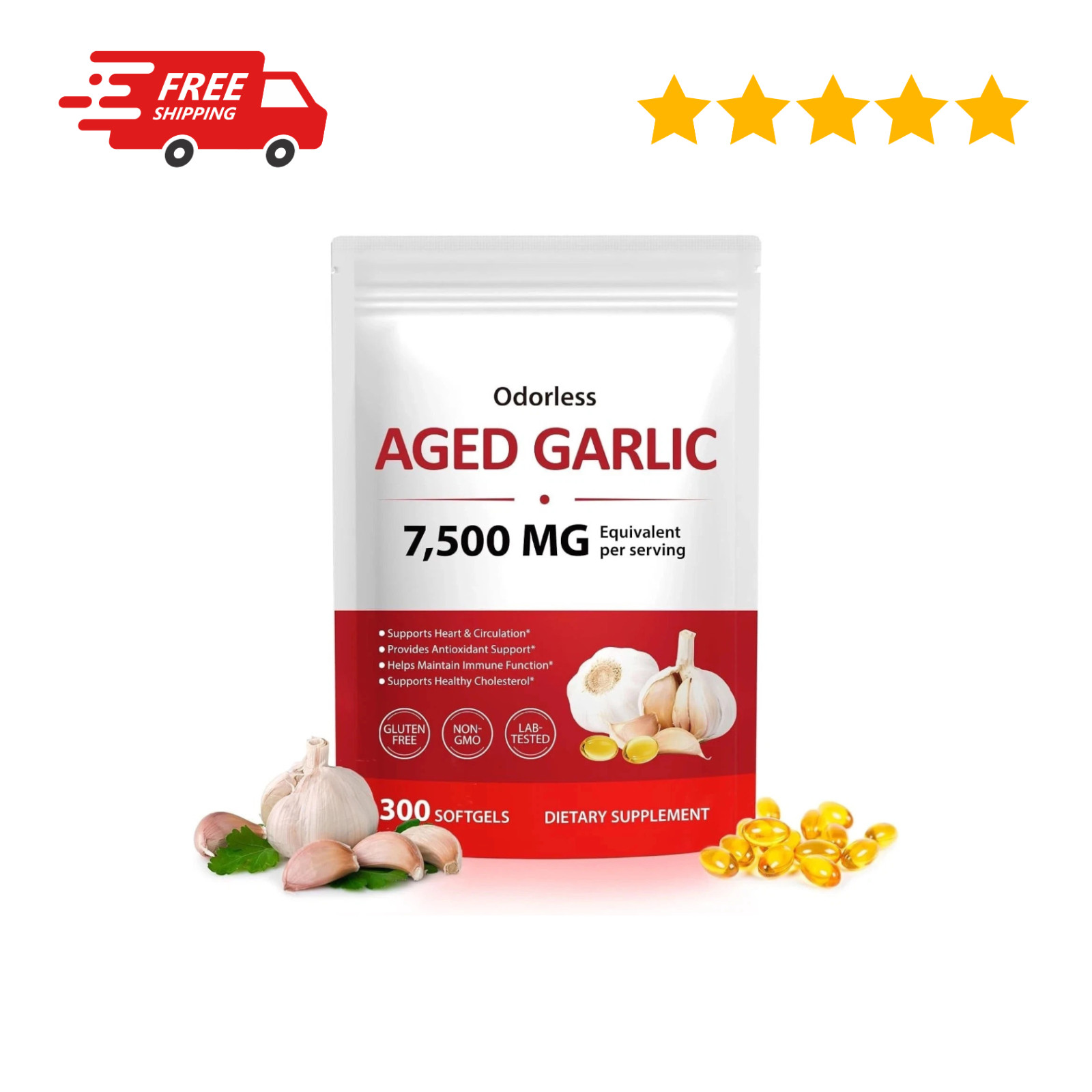 Odorless Garlic 7500Mg per Servings, 300 Softgels | 2 Years Aged Garlic Extra…