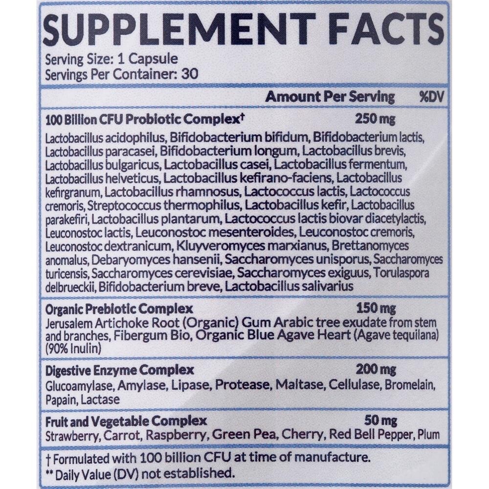 Wholesome Wellness Raw Probiotic Digestive Enzymes 100 Billion Cfu 30 Pills