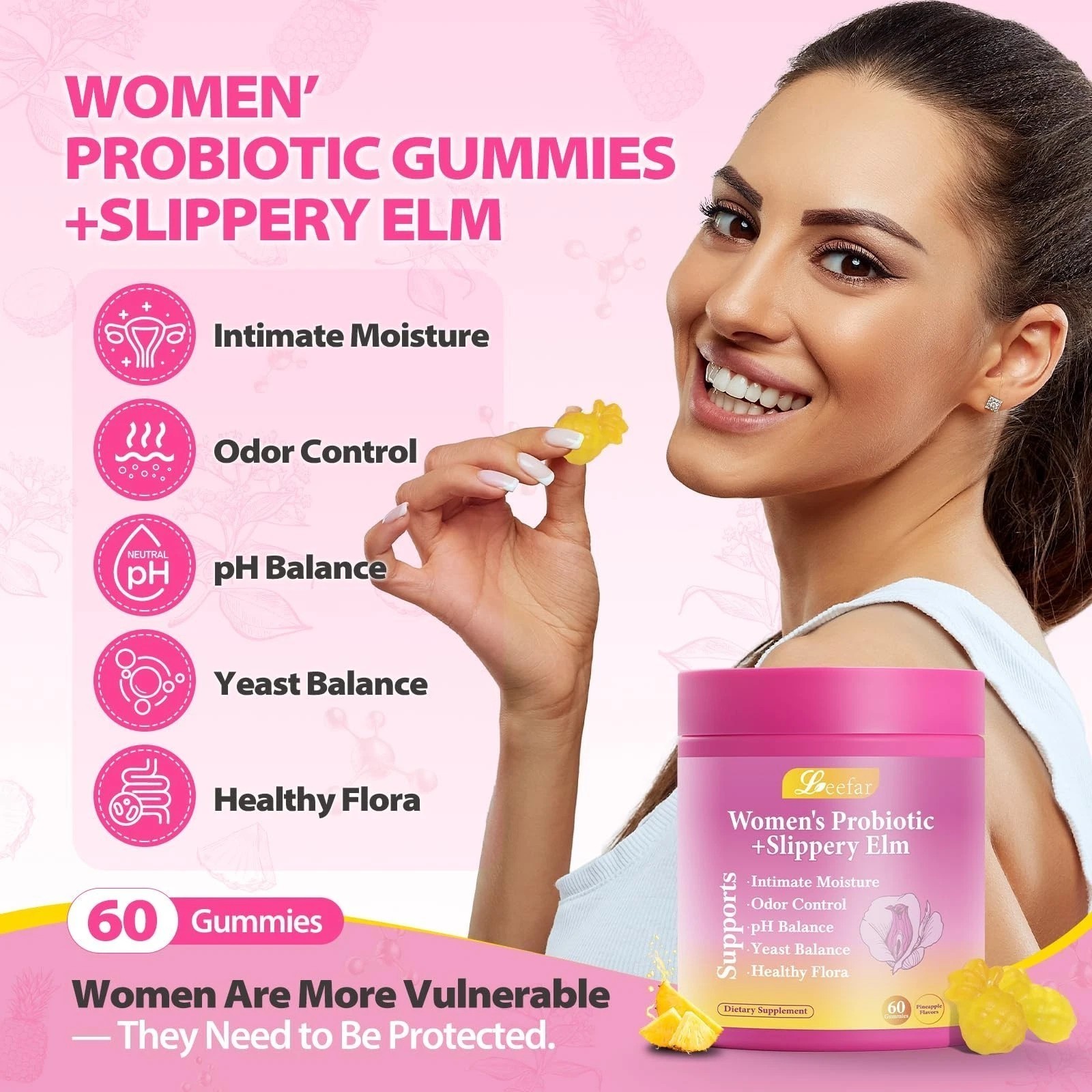 Women’s Probiotic Gummies + Slippery Elm, Pineapple, 60ct