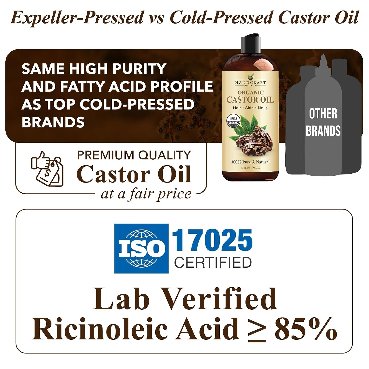 Organic Castor Oil 16oz 100% Pure Natural Cold Pressed Hair Eyelash Body Oil
