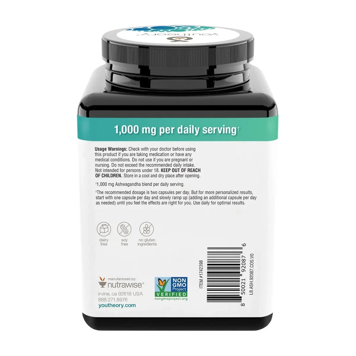 Youtheory Ashwagandha 1000 mg, 180 Vegetarian Capsules (Exp 12/2027)
