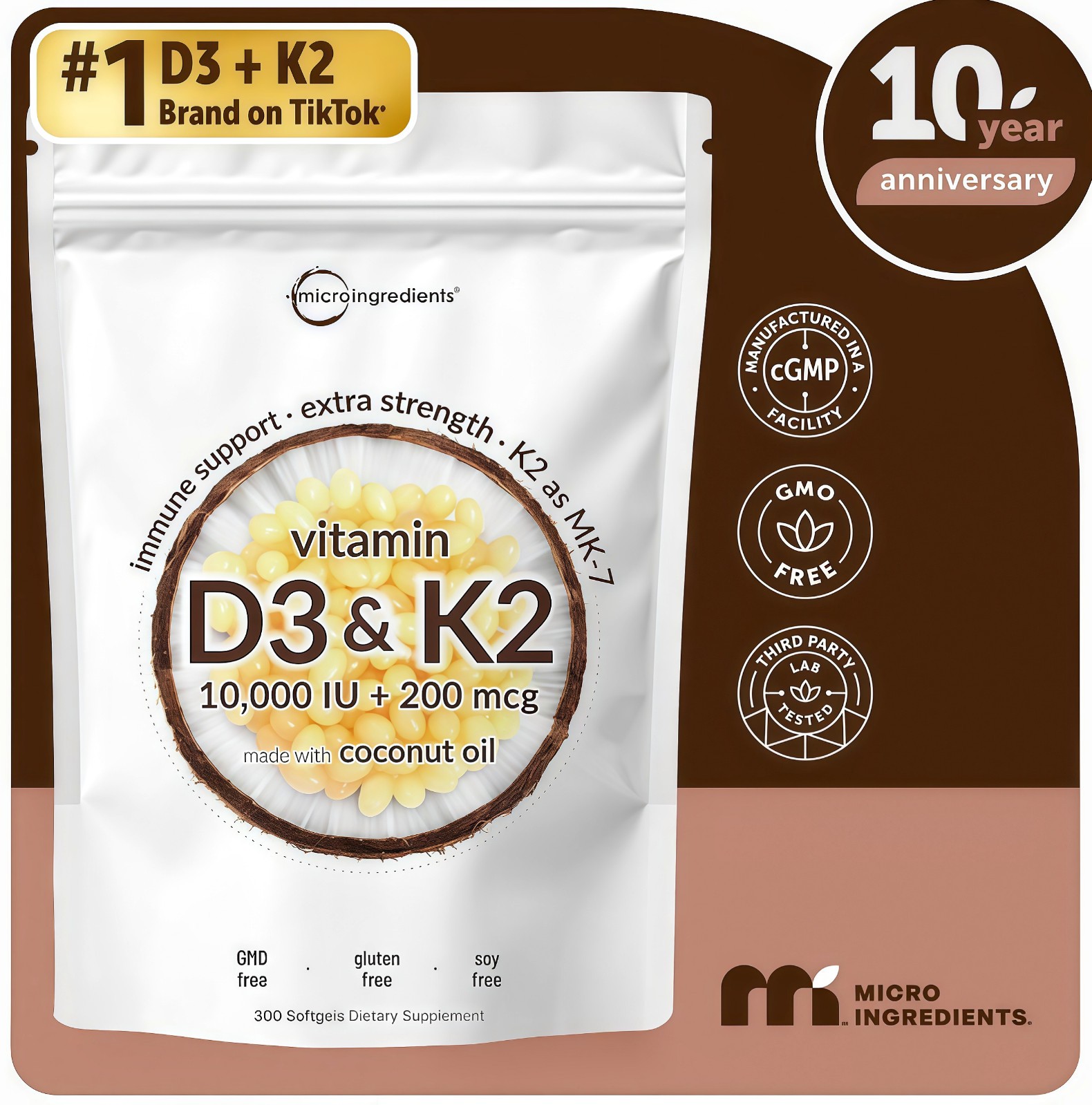2 PCS Vitamin D3 10000 iu Plus K2 (MK-7) 200 mcg,300 Virgin Coconut Oil Softgels
