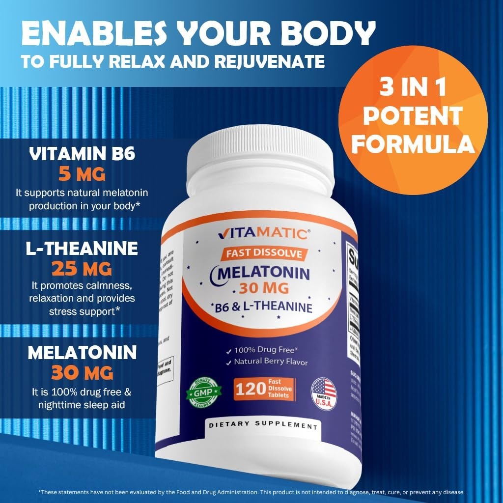 Melatonin 30mg with L-Theanine & B6 – 360 Fast Dissolve Tabs, Sleep Aid, Relaxat