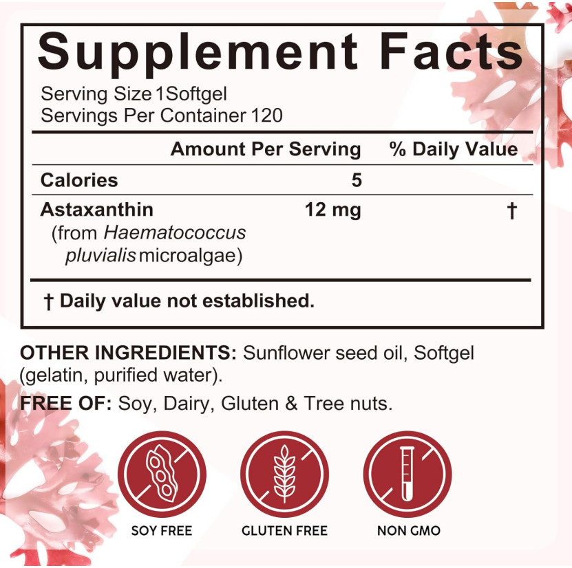 Astaxanthin 12mg 120 Softgels, 4 Month Supply,Triple Strength,Non-GMO,Eye Health