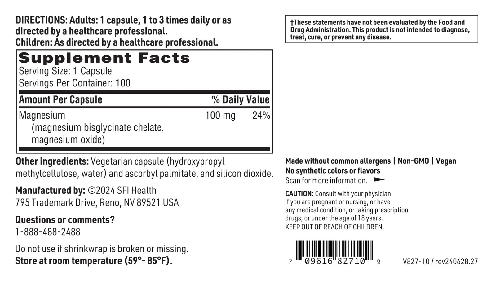 Klaire Labs Magnesium Glycinate Capsules 100 mg 100 Count Hypoallergenic Complex