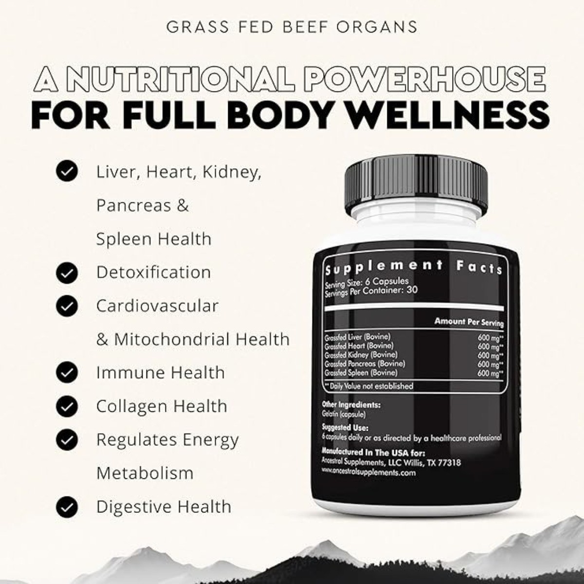 Ancestral Supplements Grass Fed Beef Organ Supplement – Non-GMO, 180 Capsules