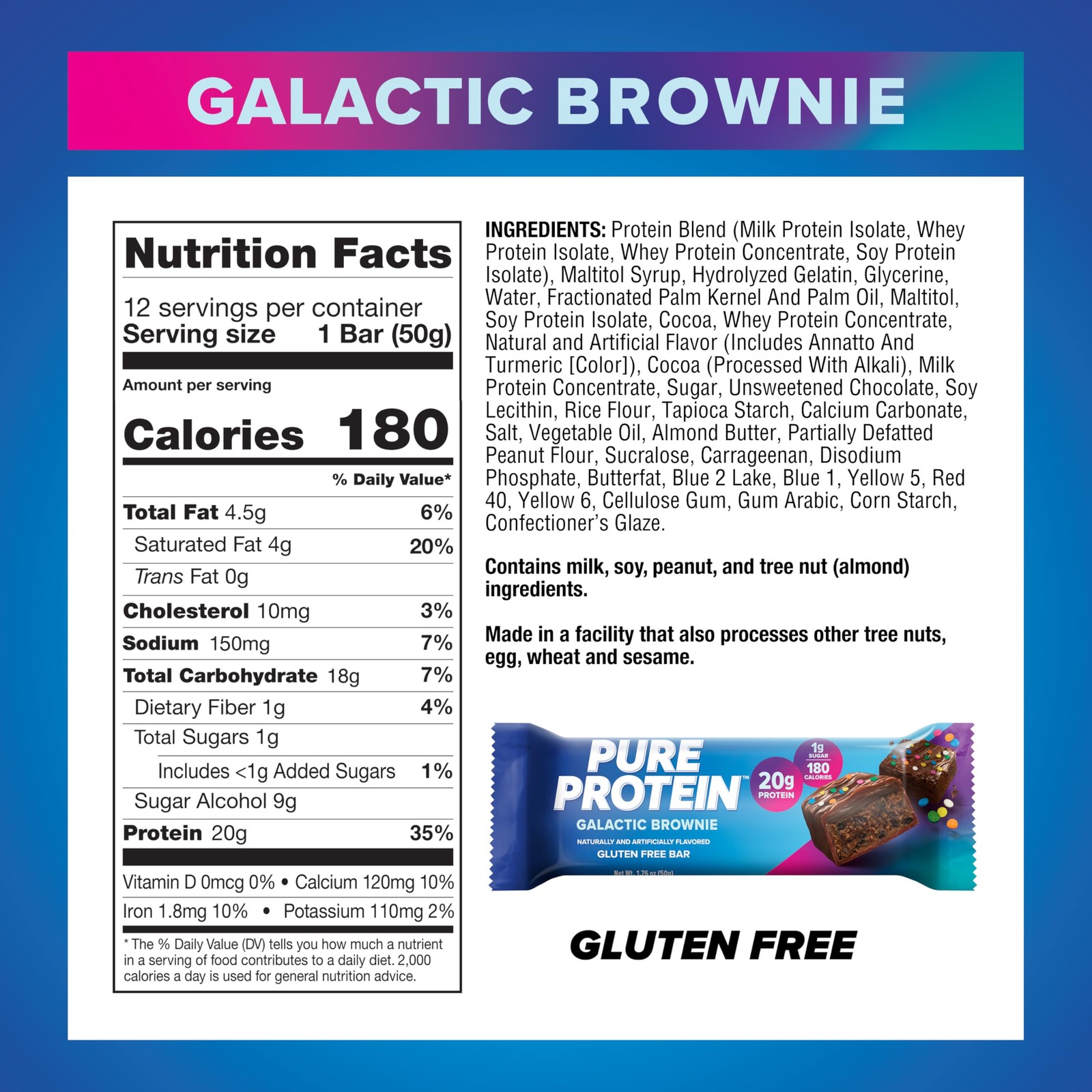 Pure Protein Galactic Brownie Bars – 20g 12 Count (Pack of 1), brown