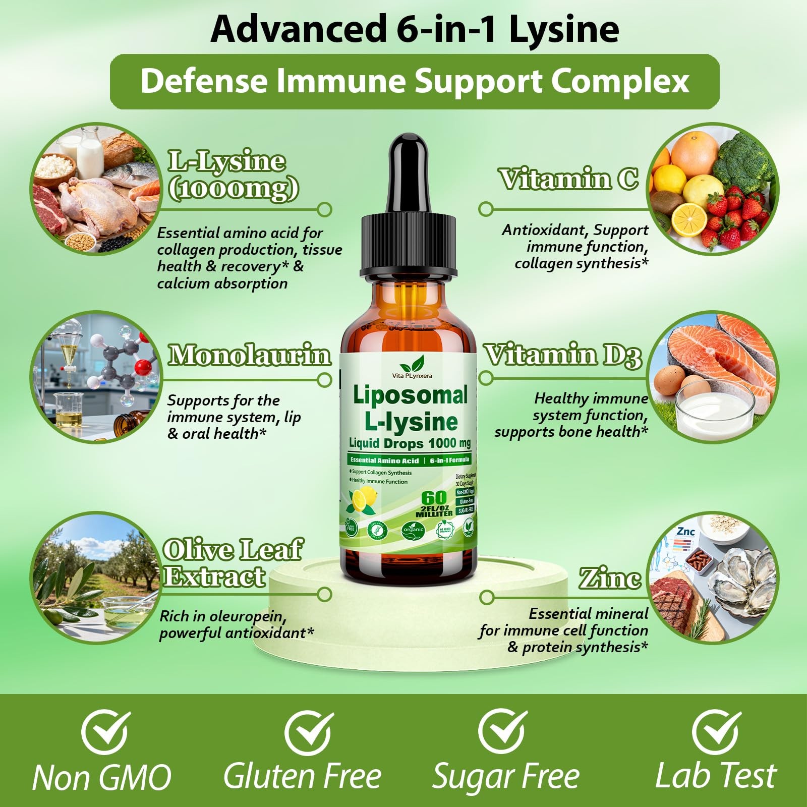 L-Lysine 1000mg Liquid Drops w. Monolaurin Olive Leaf 2 Fl Oz (Pack of 1)